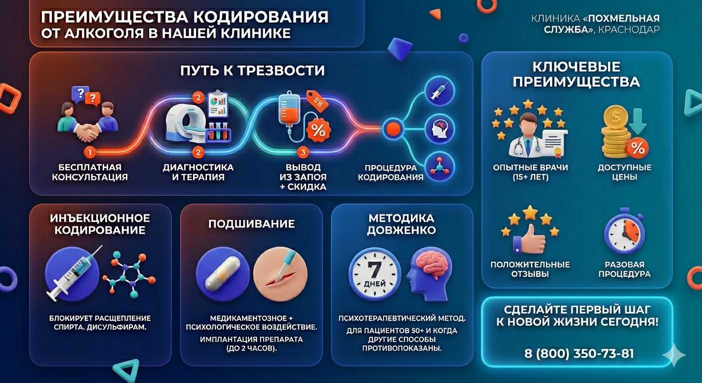 Инфографика о методах кодирования от алкоголя в Сертолово: инъекции, подшивание, метод Довженко. Преимущества клиники и этапы лечения.