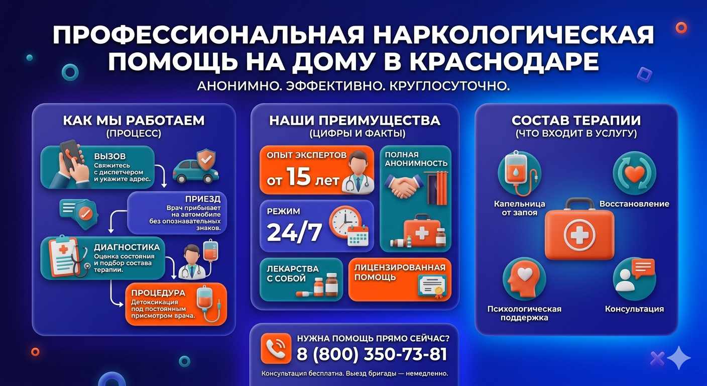 Инфографика о принципах лечения алкоголизма на дому в Сертолово: этапы вызова нарколога, преимущества анонимной детоксикации и состав медицинской помощи.